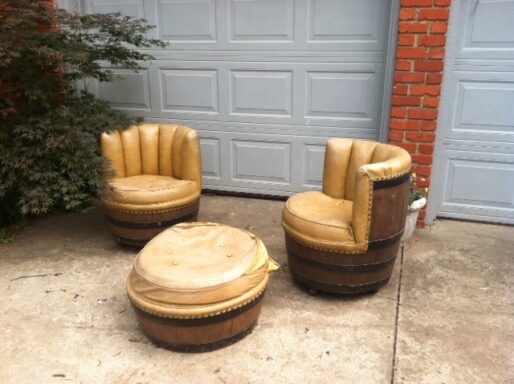 SOLD! Vintage Rustic Wine/Whiskey Barrel Chairs & Ottoman