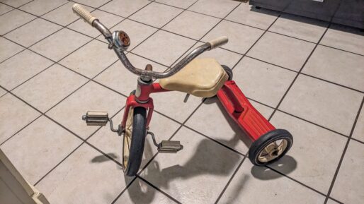 Vintage Hedstrom Tricycle Red Kids Bike Metal. Mickey Mouse Bicycle Bell
