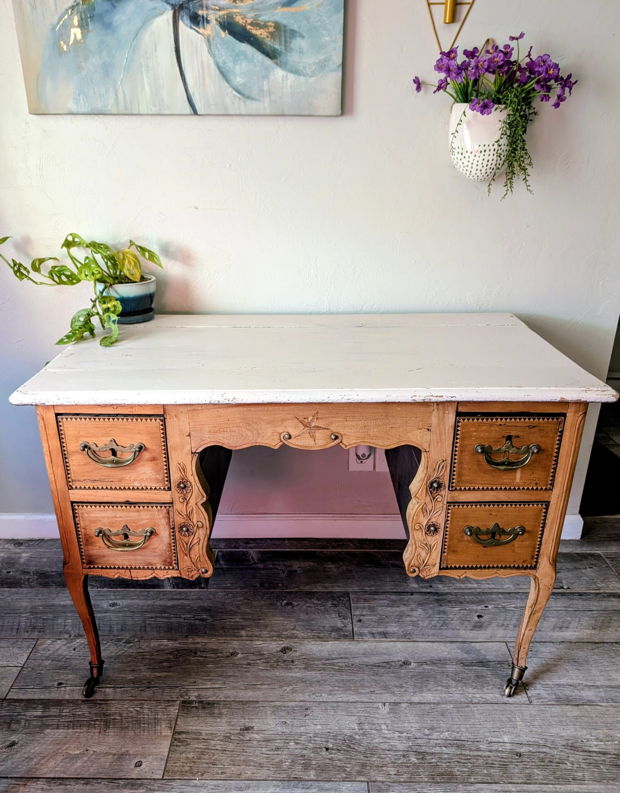 Vintage Solid Wood French Provincial Desk Carved Antique Style - Image 2